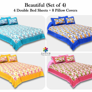 COMBO116 Beautiful Multicolor 4 Bedsheet + 8 Pillow Cover