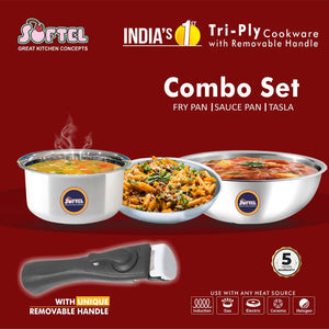 Softel Tri-Ply Cookware Combo with Removable Handle (22 cm Tasla + 24 cm Fry Pan + 1.5 Litre Sauce Pan + Removable Handle) | Gas & Induction Compatible | Set of 4 Pcs