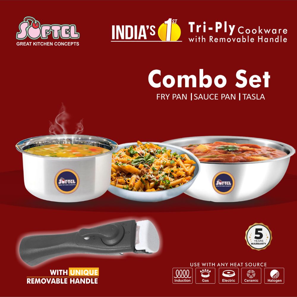 Softel Tri-Ply Cookware Combo with Removable Handle (20 cm Tasla + 22 cm Fry Pan + 1 Litre Sauce Pan + Removable Handle) | Gas & Induction Compatible | Set of 4 Pcs
