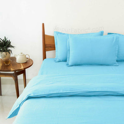 Light Blue Satin Stripes Matching Bedsheet and Comforter SET of 4 Bed in a Bag