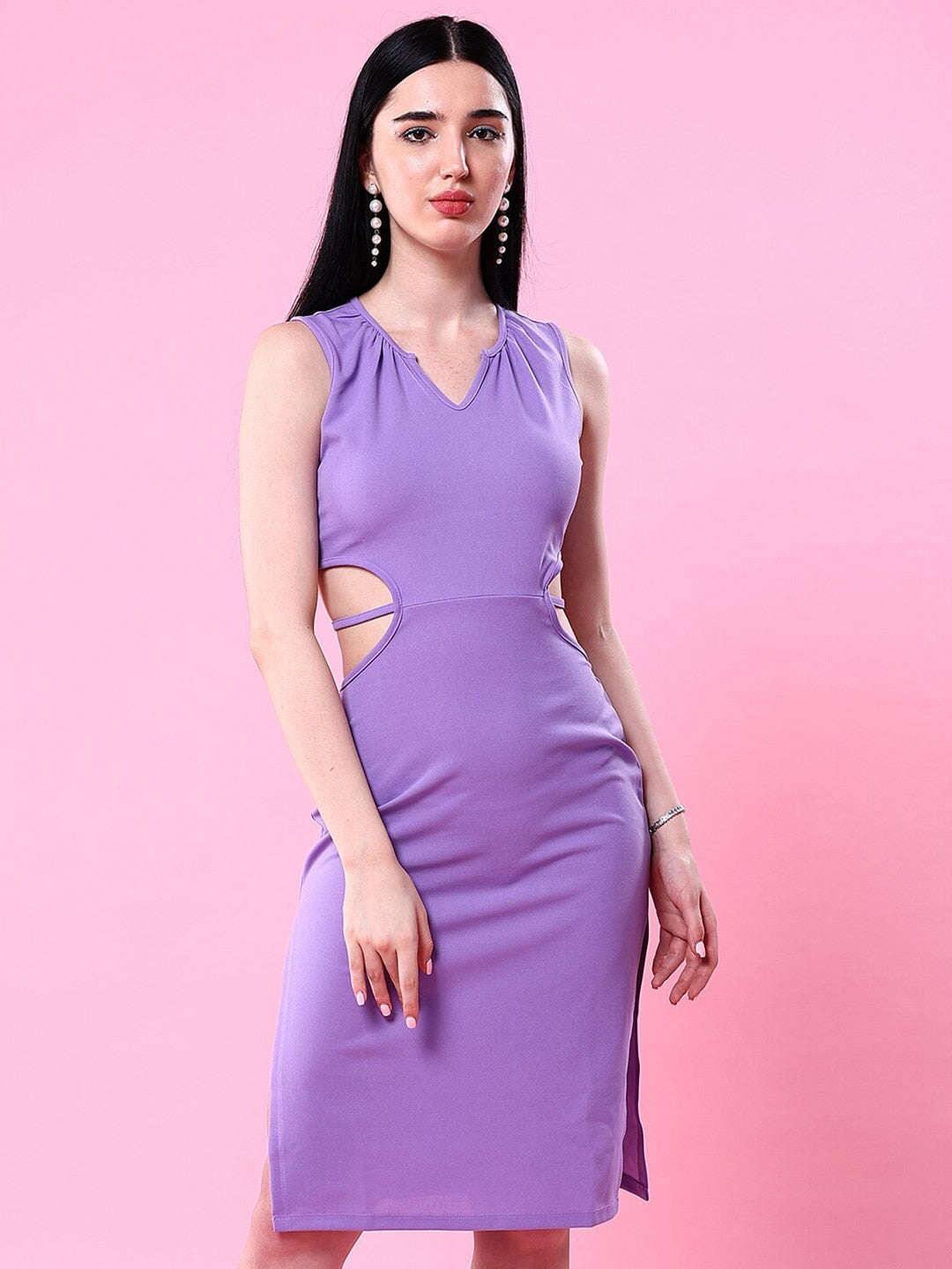 Women Waist Cut Out Tie Up Bodycon Dress