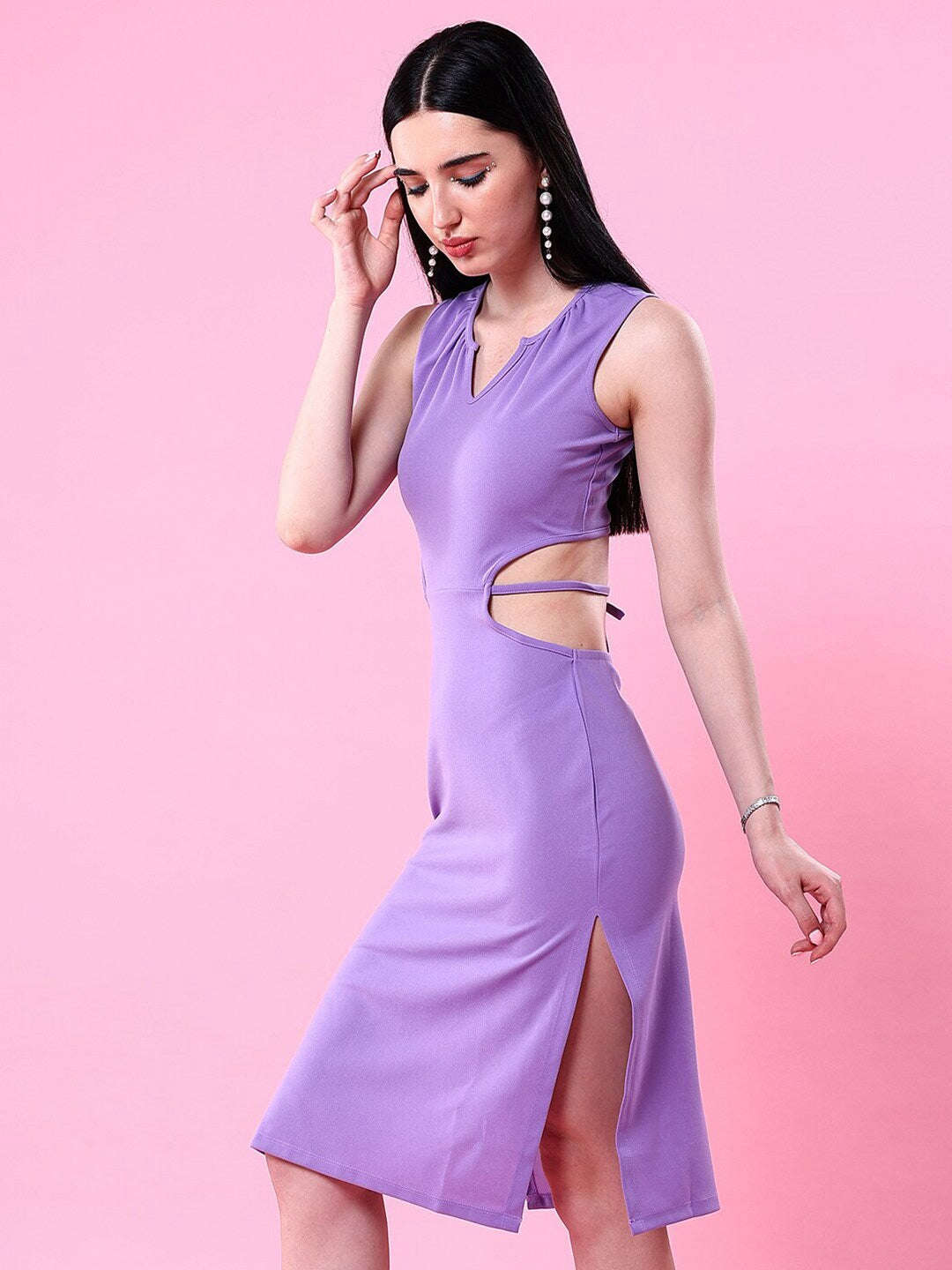 Women Waist Cut Out Tie Up Bodycon Dress