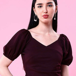 Women V Neck Top With Puff Sleeves
