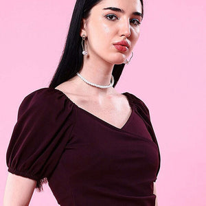 Women V Neck Top With Puff Sleeves