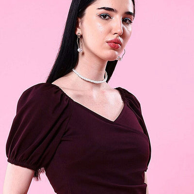 Women V Neck Top With Puff Sleeves