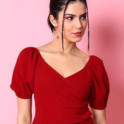Women V Neck Top With Puff Sleeves