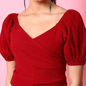 Women V Neck Top With Puff Sleeves