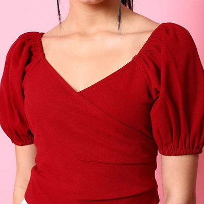 Women V Neck Top With Puff Sleeves