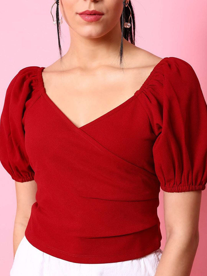 Women V Neck Top With Puff Sleeves