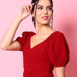 Women V Neck Top With Puff Sleeves
