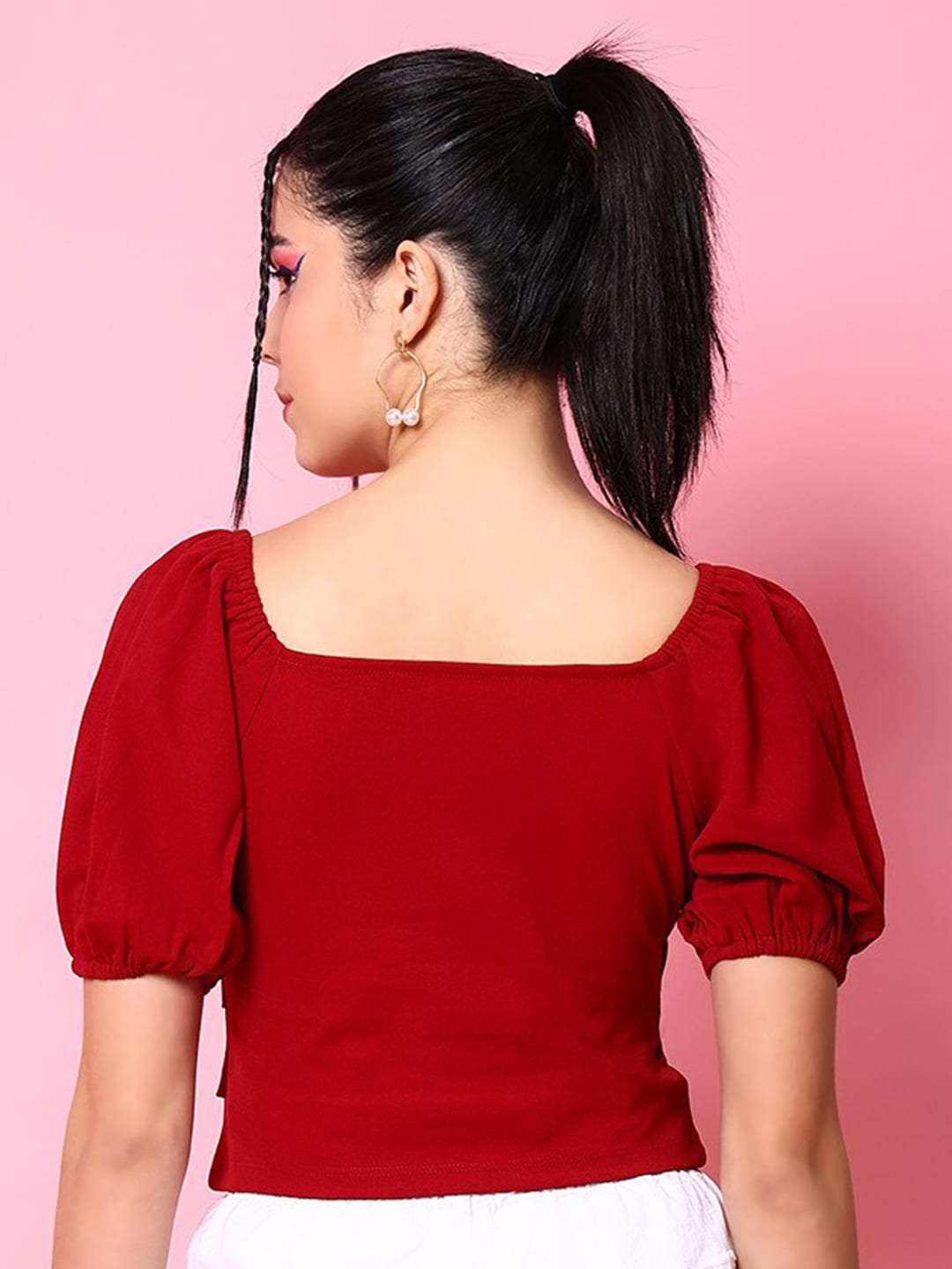 Women V Neck Top With Puff Sleeves