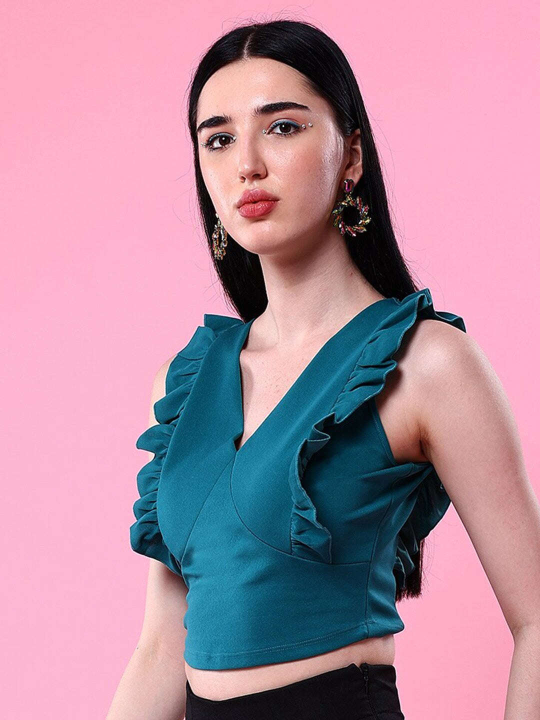 Women V Neck Ruffle Crop Top