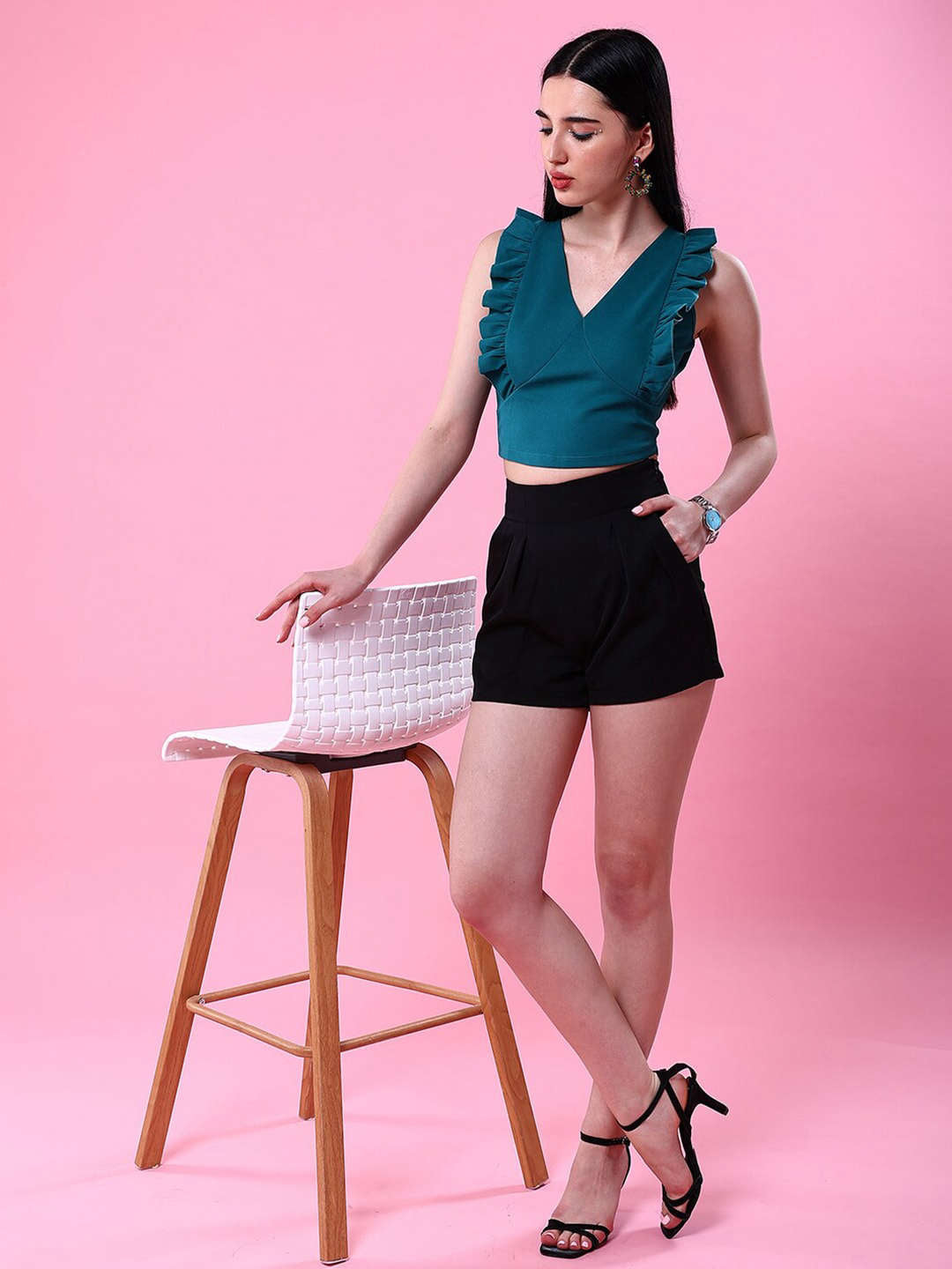 Women V Neck Ruffle Crop Top