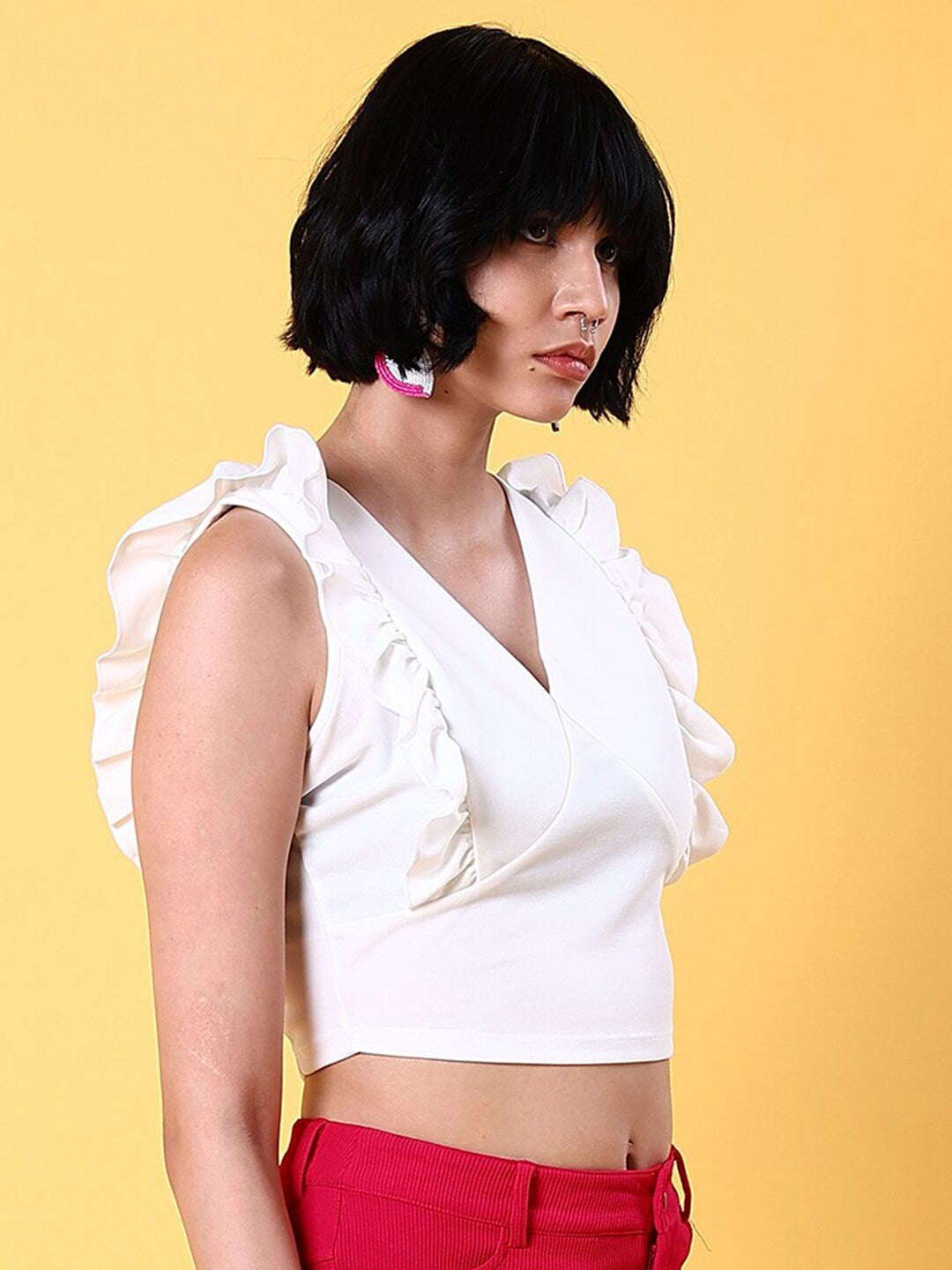 Women V Neck Ruffle Crop Top