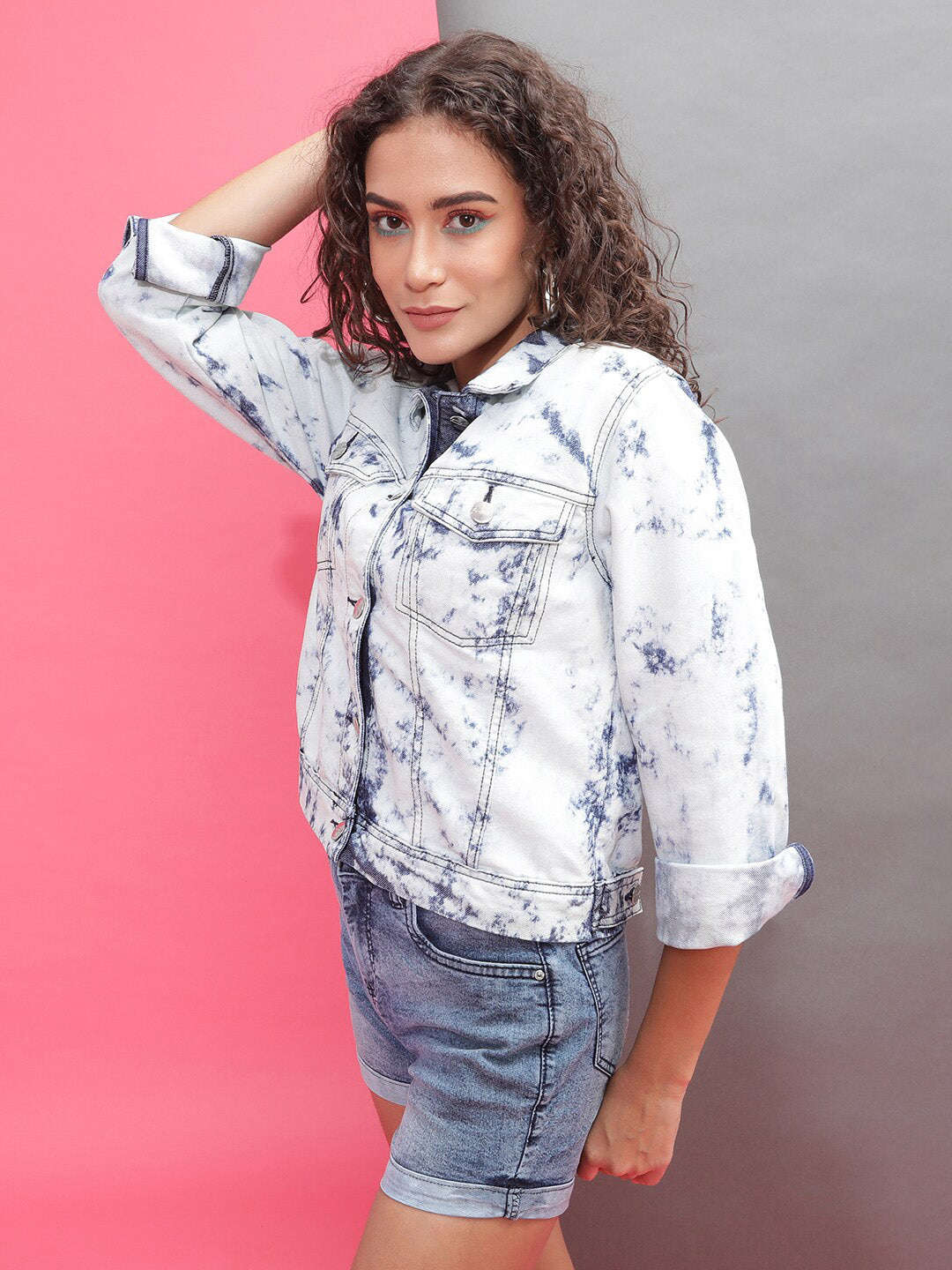 Women Tie And Dye Trucker Denim Jacket