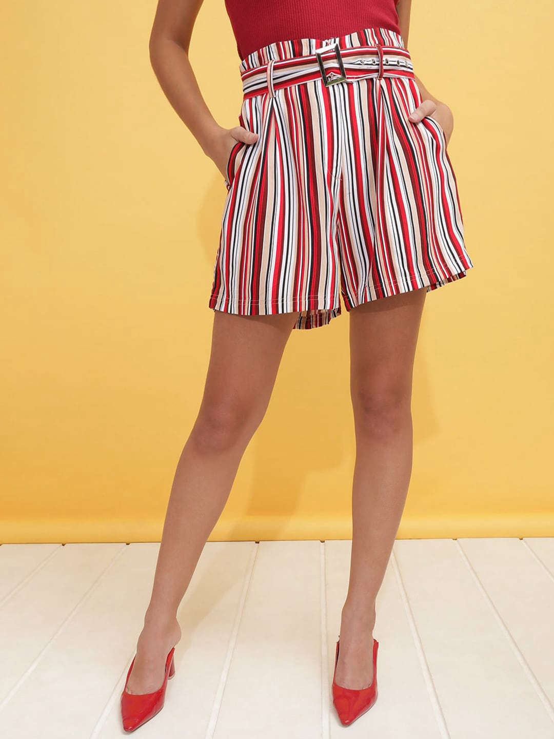 Women Striped Belted Shorts