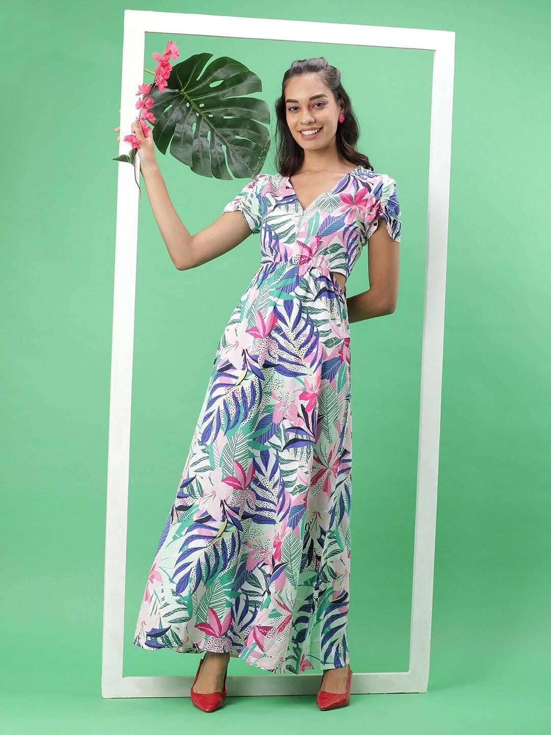 Women Tropical Maxi Dress With Cut Out