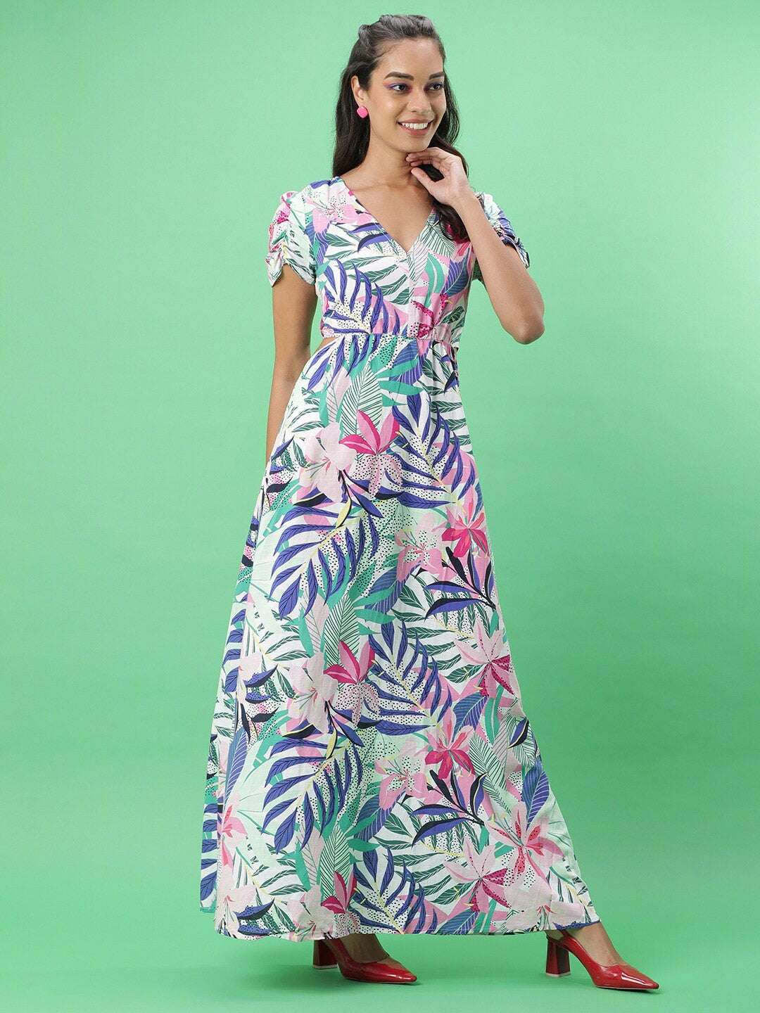 Women Tropical Maxi Dress With Cut Out