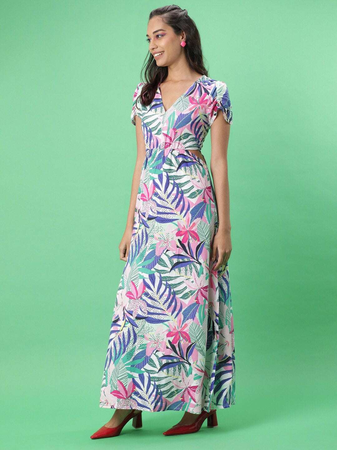 Women Tropical Maxi Dress With Cut Out