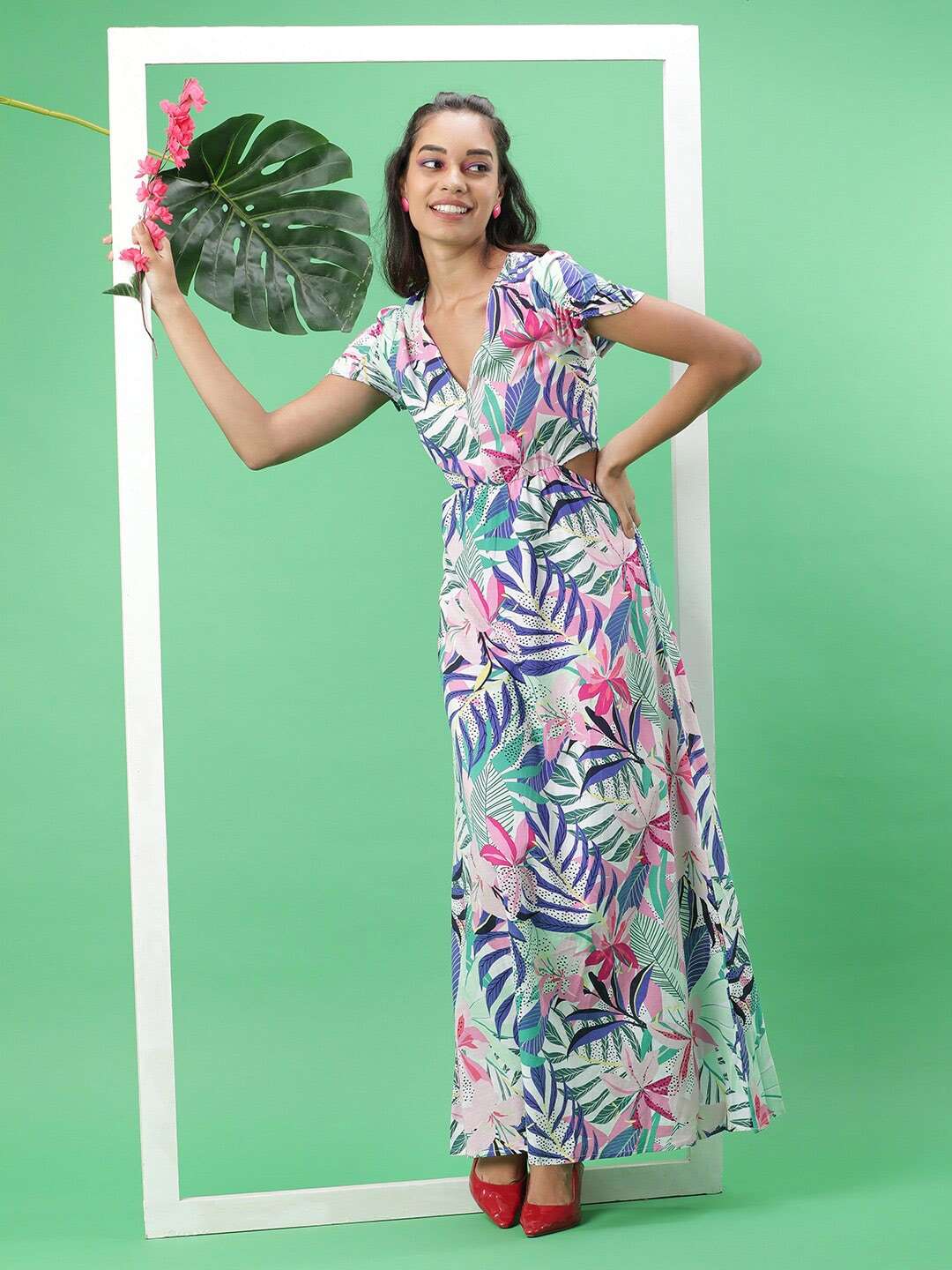Women Tropical Maxi Dress With Cut Out