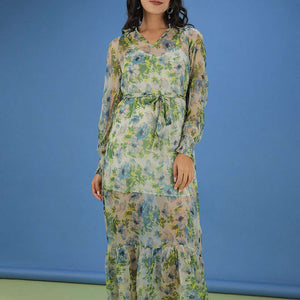 Women Tropical Printed Flare Maxi Dress