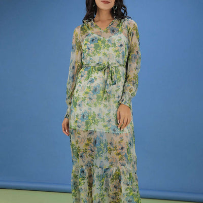 Women Tropical Printed Flare Maxi Dress