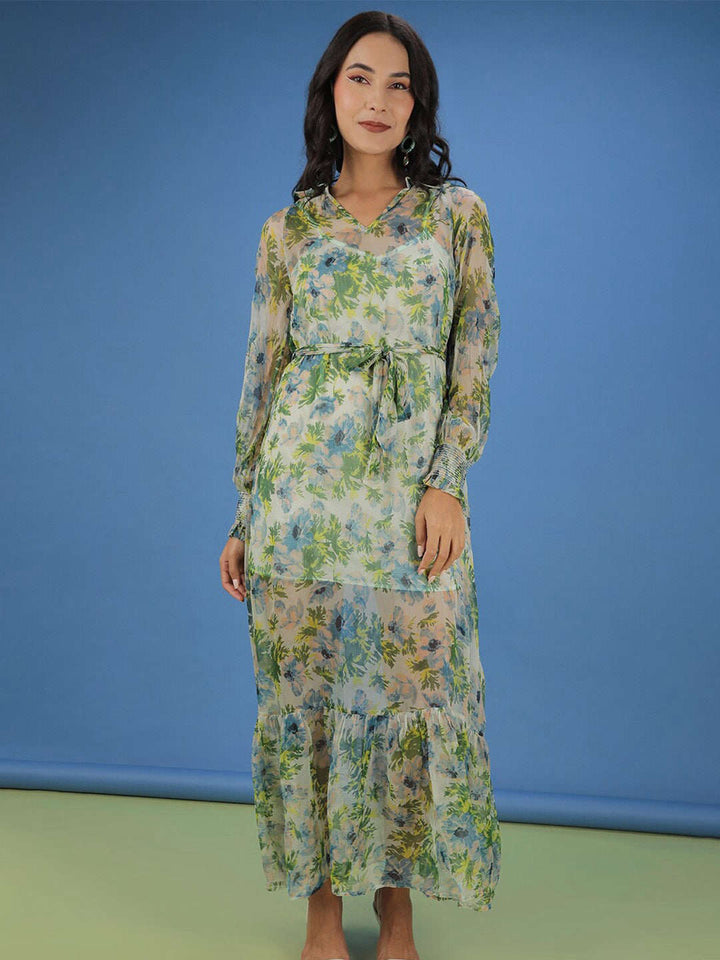 Women Tropical Printed Flare Maxi Dress