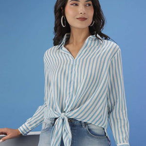 Women Striped Shirt With Front Tie Up