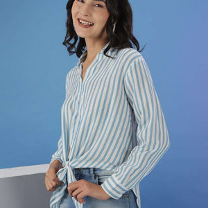 Women Striped Shirt With Front Tie Up