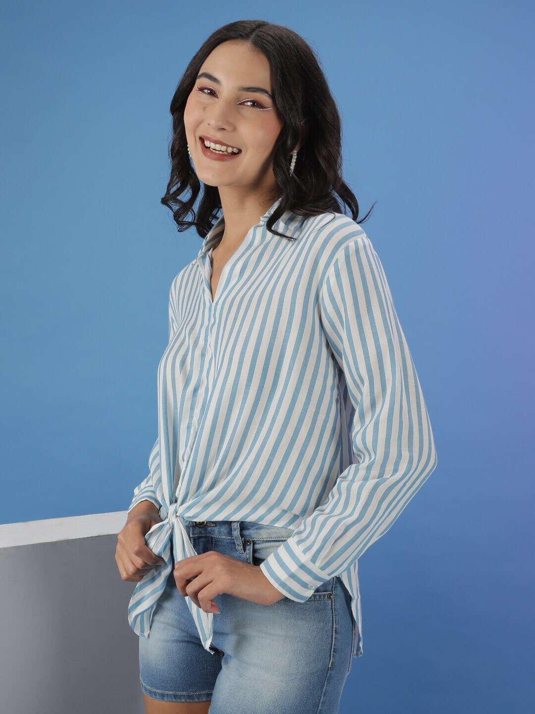 Women Striped Shirt With Front Tie Up