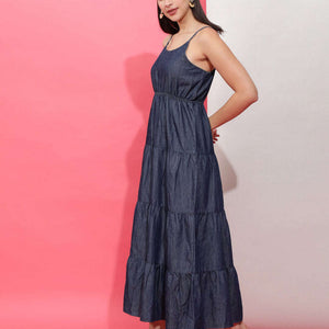 Women Tiered Denim Flare Dress