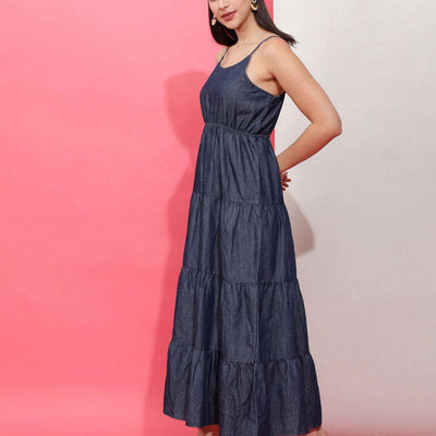 Women Tiered Denim Flare Dress