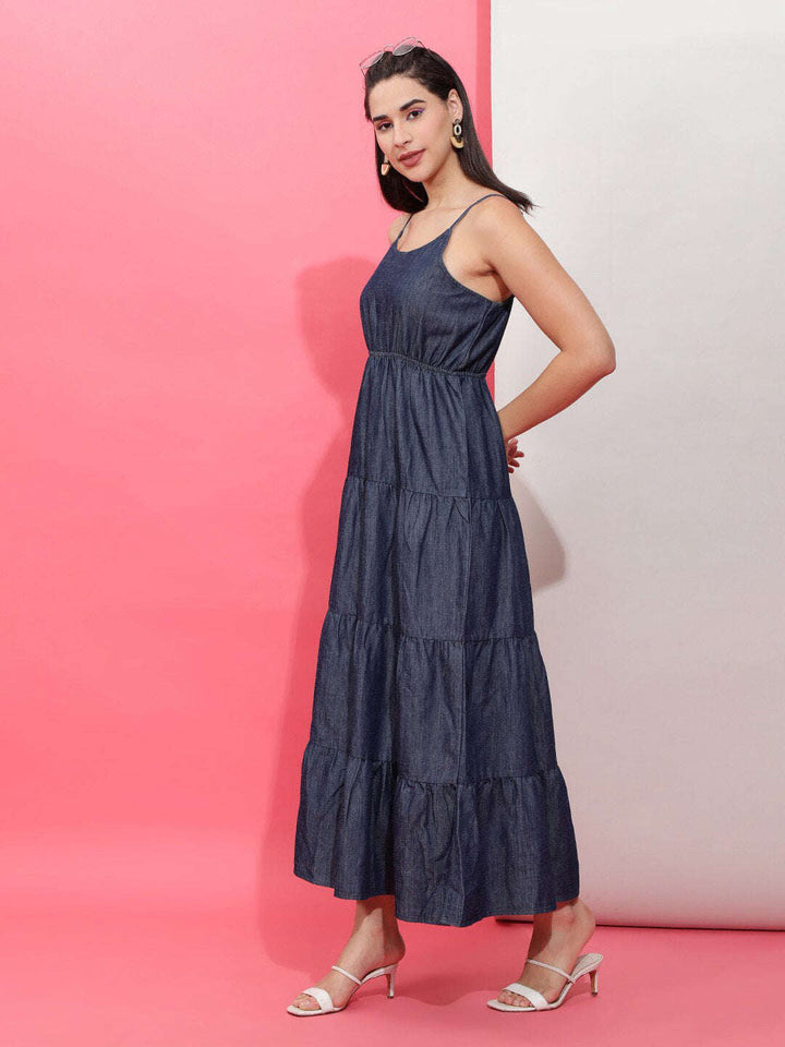 Women Tiered Denim Flare Dress