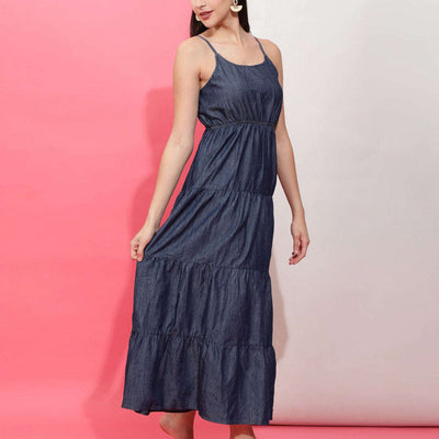 Women Tiered Denim Flare Dress