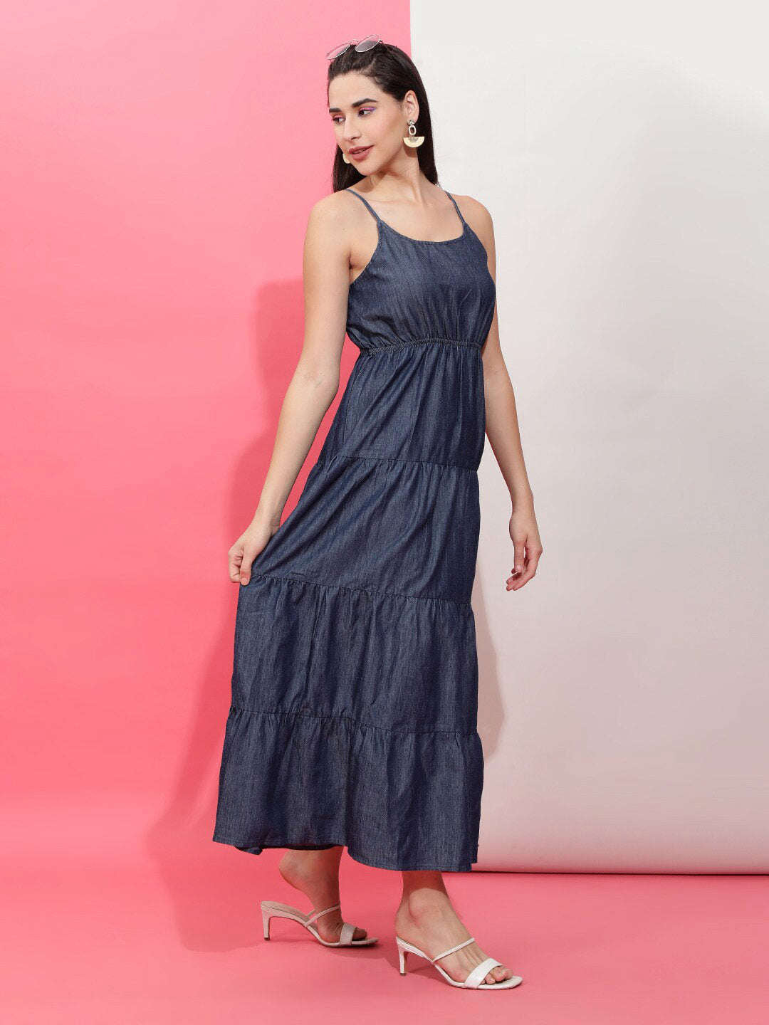 Women Tiered Denim Flare Dress