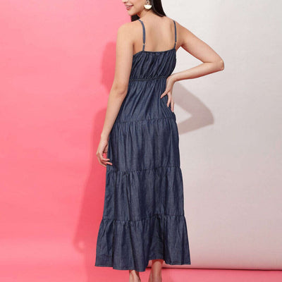 Women Tiered Denim Flare Dress
