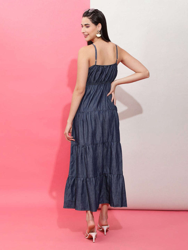 Women Tiered Denim Flare Dress