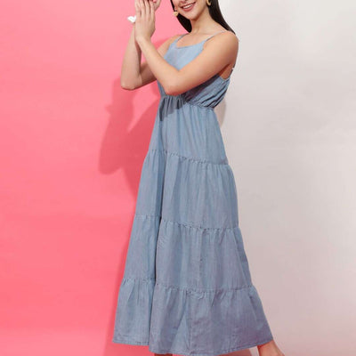 Women Tiered Denim Flare Dress