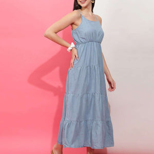 Women Tiered Denim Flare Dress