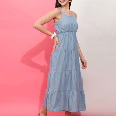 Women Tiered Denim Flare Dress