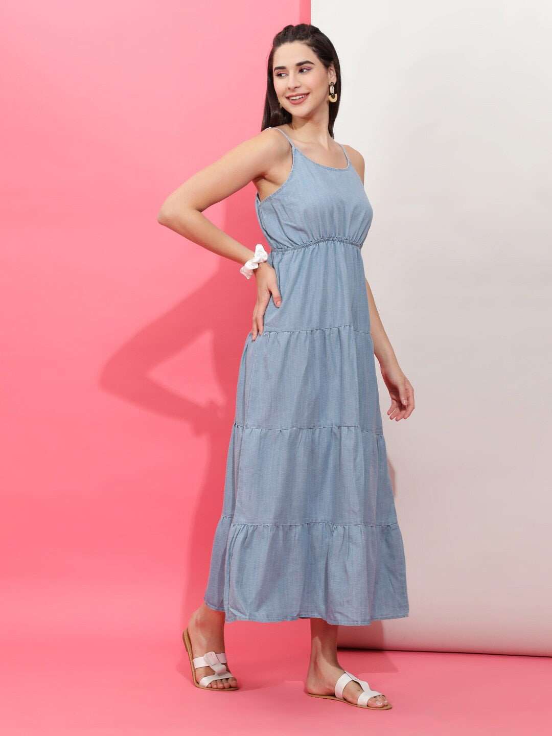 Women Tiered Denim Flare Dress