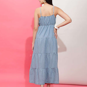 Women Tiered Denim Flare Dress
