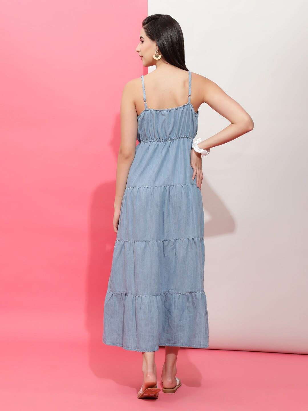 Women Tiered Denim Flare Dress