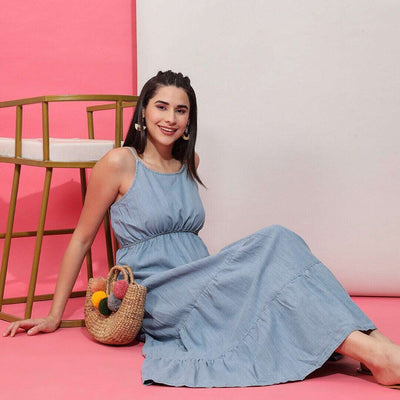 Women Tiered Denim Flare Dress