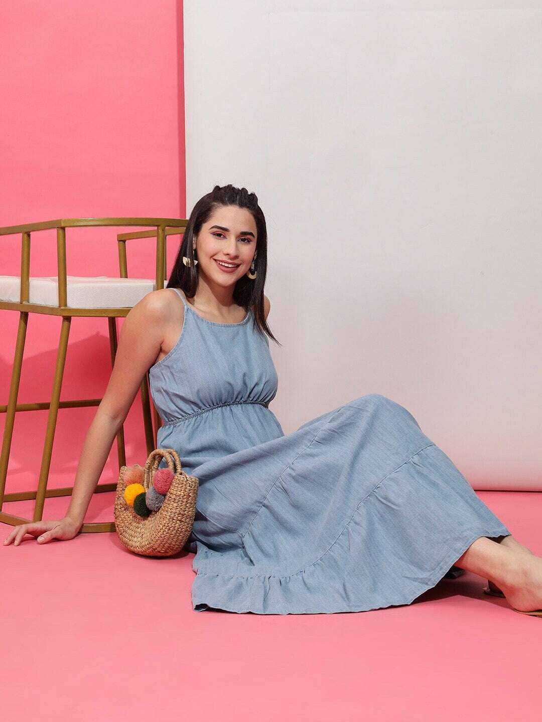 Women Tiered Denim Flare Dress