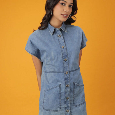Women Tiered Denim Flare Dress