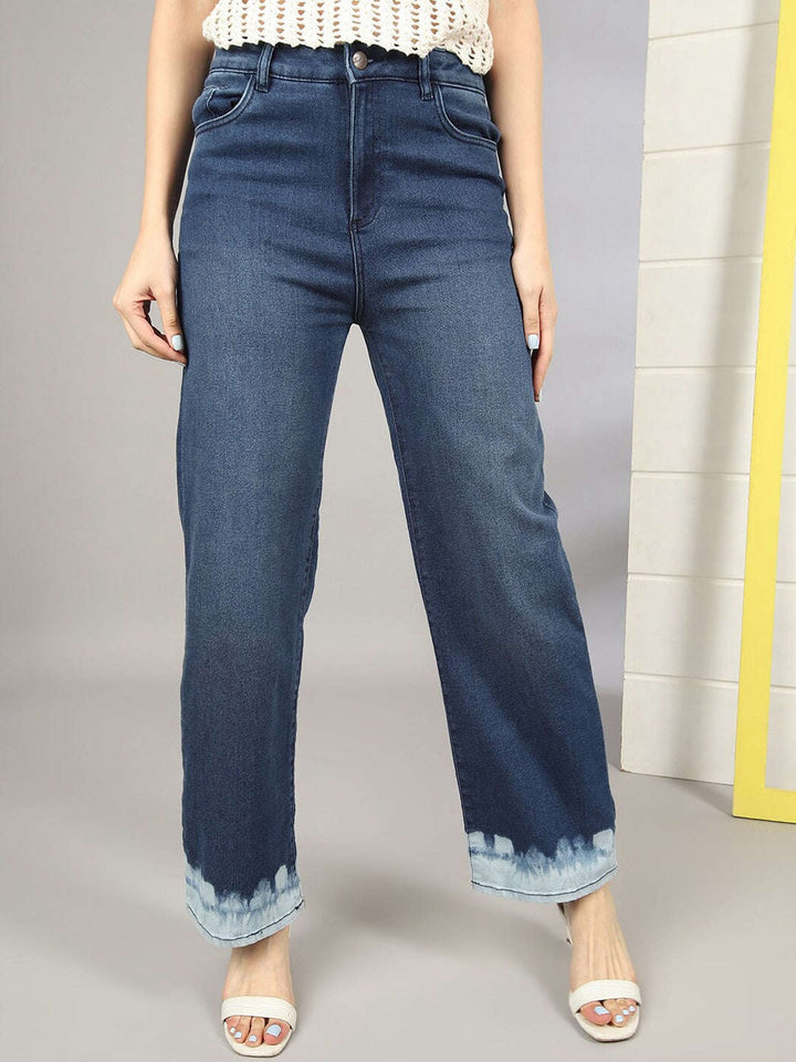 Women Wide Leg Jeans With Tie N Dye Detail