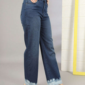Women Wide Leg Jeans With Tie N Dye Detail