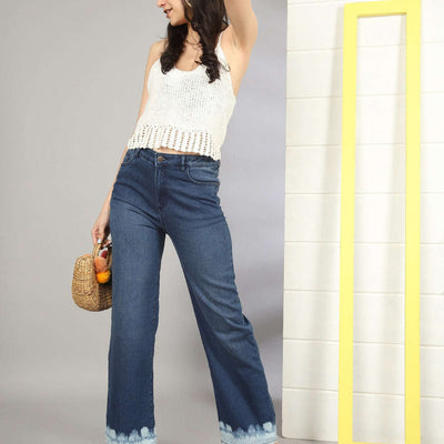Women Wide Leg Jeans With Tie N Dye Detail