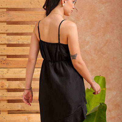 Women's Black Fit and Flare Solid Partywear Asymmetric Dress